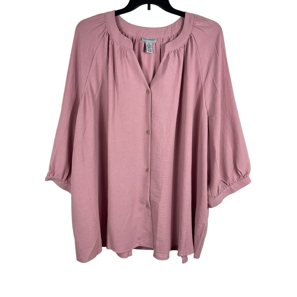 Catherines 5X Pink Button Front Blouse Plus Size 3/4 Sleeve Tunic Top Office
